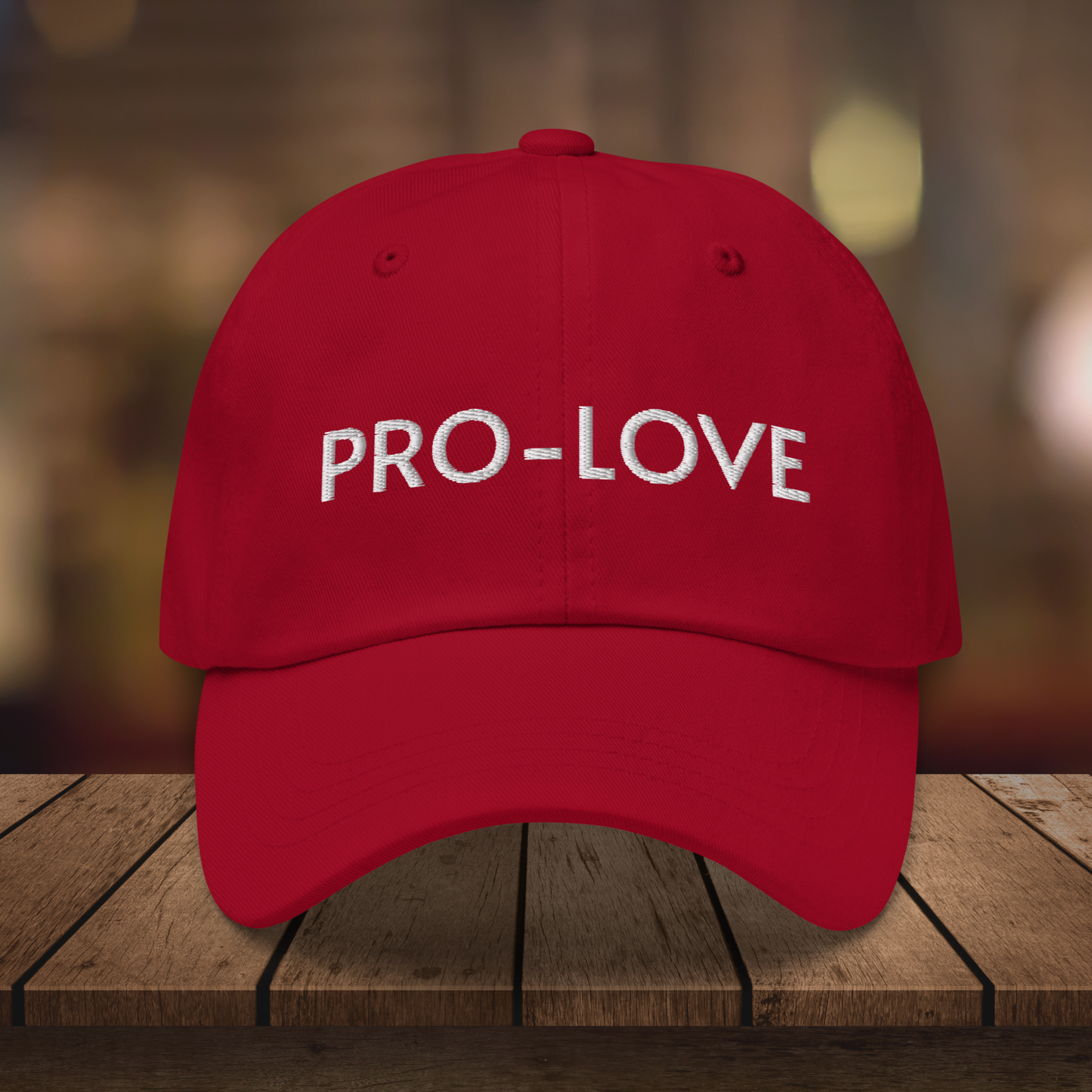 Pro Love| Dad Hat| Feel the Facts A front view of the Pro-Love Dad Hat, featuring the embroidered "Pro-Love" logo on the front and a stylish fit. red