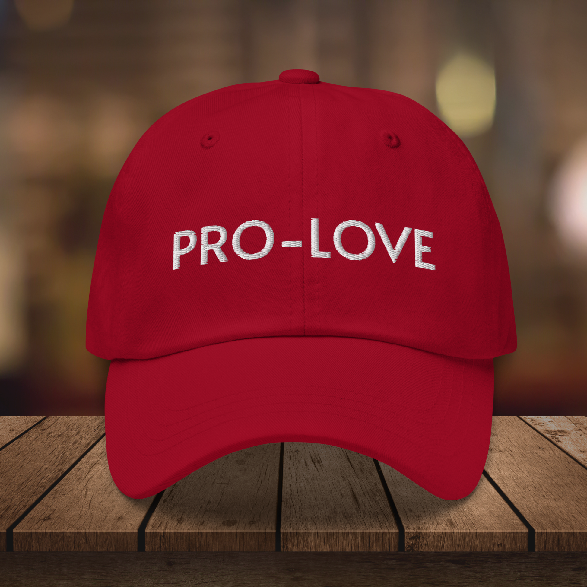 Pro Love| Dad Hat| Feel the Facts A front view of the Pro-Love Dad Hat, featuring the embroidered "Pro-Love" logo on the front and a stylish fit. red